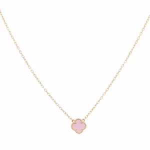 14K Yellow Gold Women's Necklace with Pink Clover