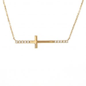 Yellow Gold Cross Round Pave Diamond Necklace