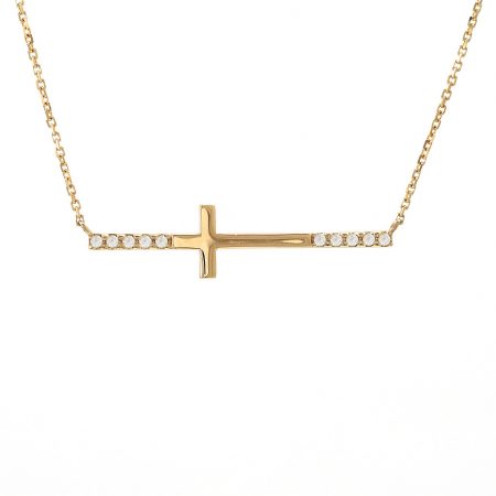 Yellow Gold Cross Round Pave Diamond Necklace