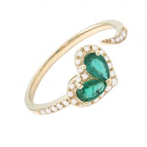 Yellow Gold Fashion Pear Prong Emerald Ring (Heart Shape Fashion Ring With Emerald & Dia.14k)
