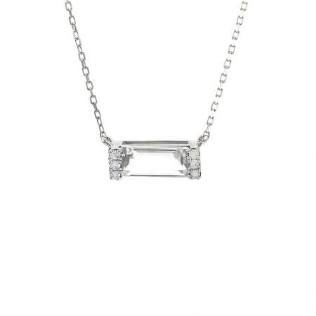 White Gold Bar Retangular Prong White Topaz Necklace