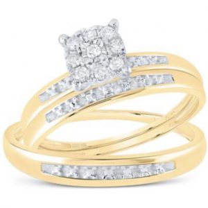 10K YELLOW GOLD ROUND DIAMOND CLUSTER MATCHING WEDDING RING SET 1/10 CTTW